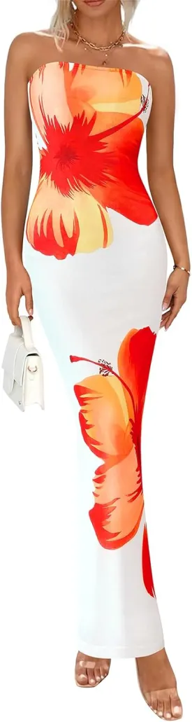 PRETTYGARDEN Strapless Bodycon Floral Maxi Summer Dresses for Women 2025 Elegant Classy Tube Top Cocktail Wedding Guest Dress