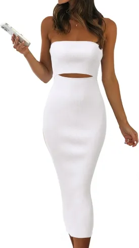 PRETTYGARDEN Women's Summer Midi Bodycon Dress Strapless Cut Out Knit Tube Long Fitted Dresses