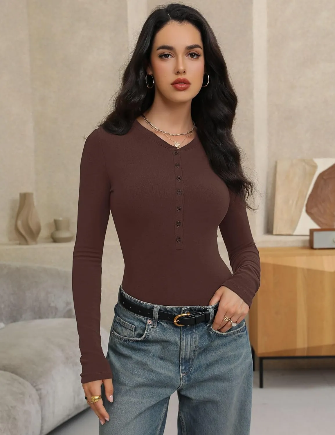 Prettywear Womens Long Sleeve Shirts 2025 Trendy Casual Henley Tops Slim Fitted Basic T-Shirts Fashion Outfits