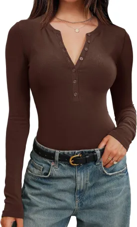 Prettywear Womens Long Sleeve Shirts 2025 Trendy Casual Henley Tops Slim Fitted Basic T-Shirts Fashion Outfits