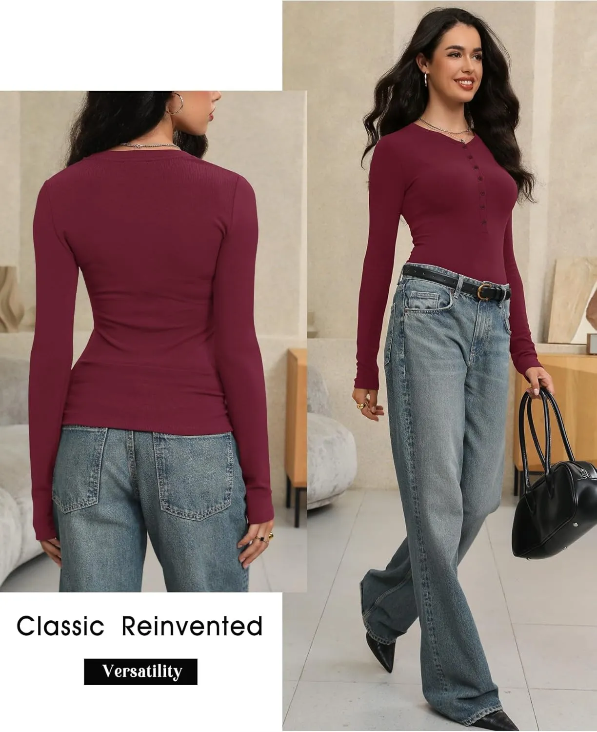 Prettywear Womens Long Sleeve Shirts 2025 Trendy Casual Henley Tops Slim Fitted Basic T-Shirts Fashion Outfits