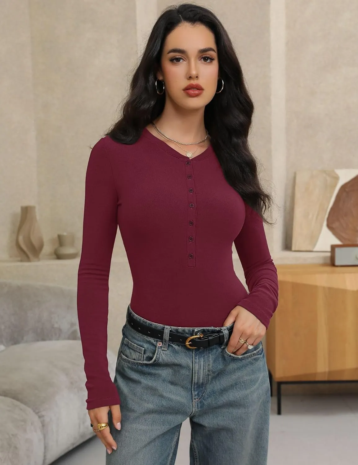 Prettywear Womens Long Sleeve Shirts 2025 Trendy Casual Henley Tops Slim Fitted Basic T-Shirts Fashion Outfits