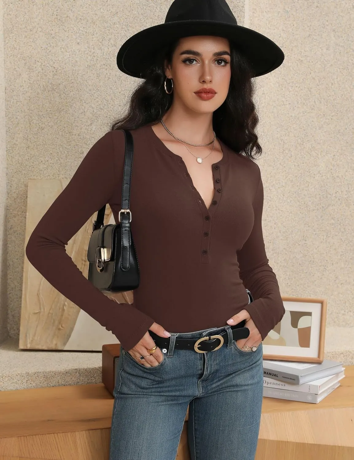 Prettywear Womens Long Sleeve Shirts 2025 Trendy Casual Henley Tops Slim Fitted Basic T-Shirts Fashion Outfits