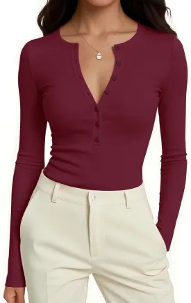 Prettywear Womens Long Sleeve Shirts 2025 Trendy Casual Henley Tops Slim Fitted Basic T-Shirts Fashion Outfits
