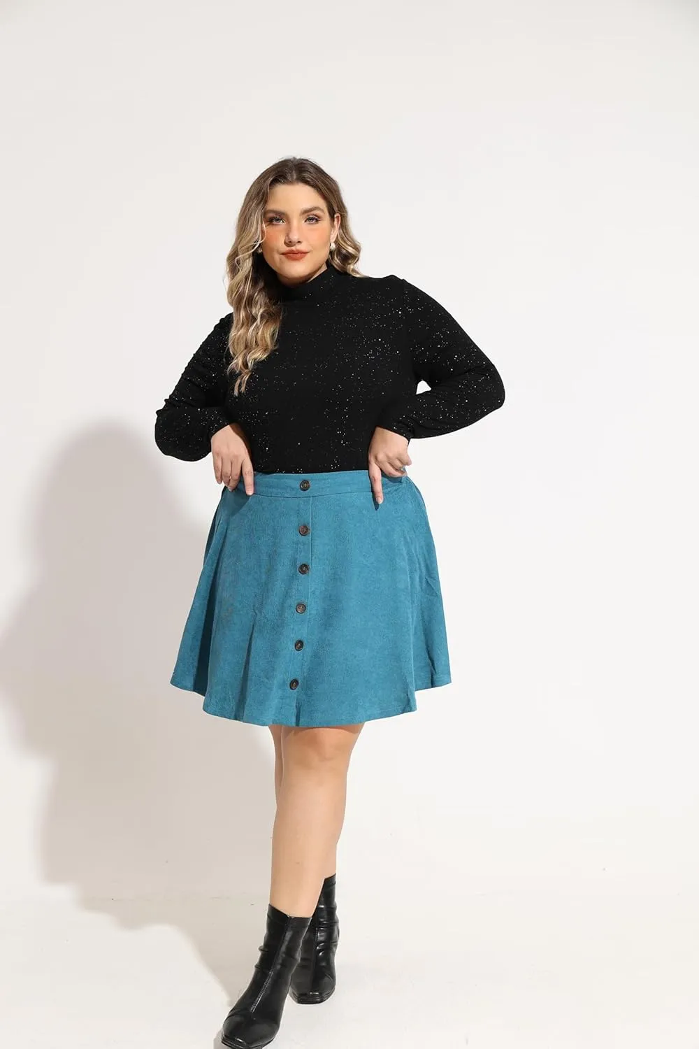 RITERA Plus Size Basic Versatile Stretchy Elastic Waist Flared Casual Mini Skater Skirt/Pleated Plaid Skirt for Women XL-5XL