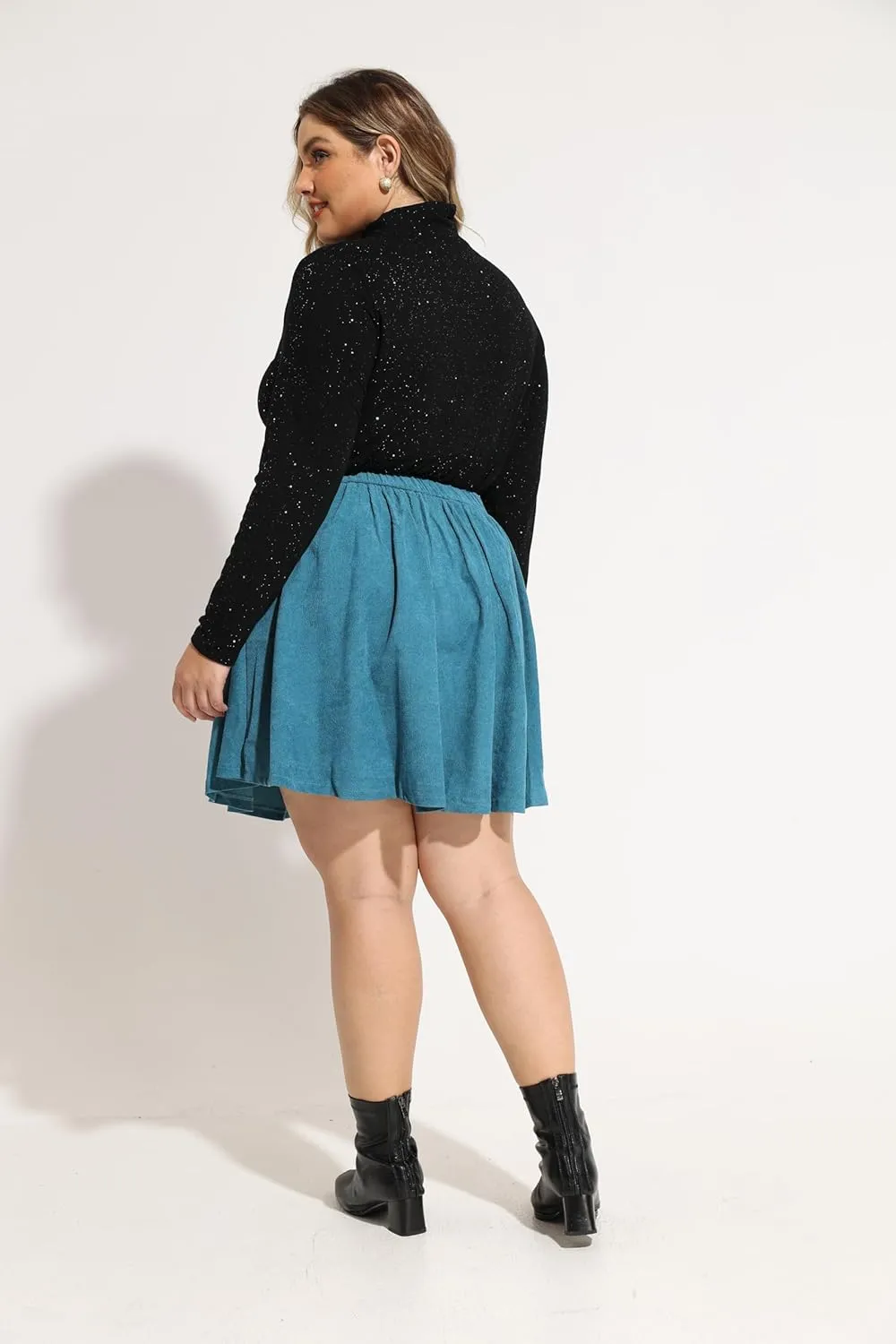 RITERA Plus Size Basic Versatile Stretchy Elastic Waist Flared Casual Mini Skater Skirt/Pleated Plaid Skirt for Women XL-5XL