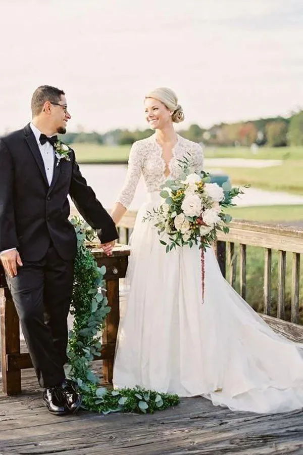 Romantic 3/4 Sleeve Beaded  Ivory Tulle Wedding Dress With Lace Top