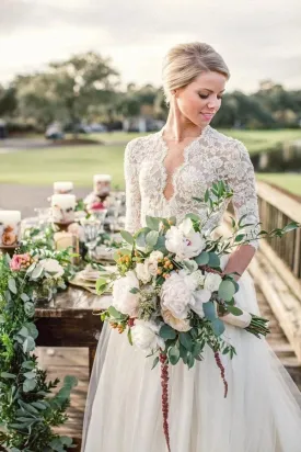 Romantic 3/4 Sleeve Beaded  Ivory Tulle Wedding Dress With Lace Top