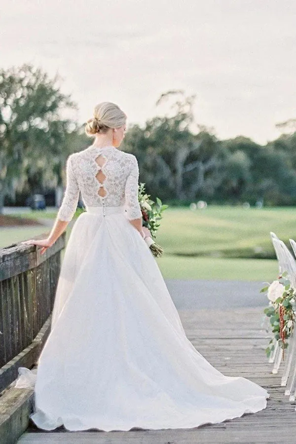 Romantic 3/4 Sleeve Beaded  Ivory Tulle Wedding Dress With Lace Top