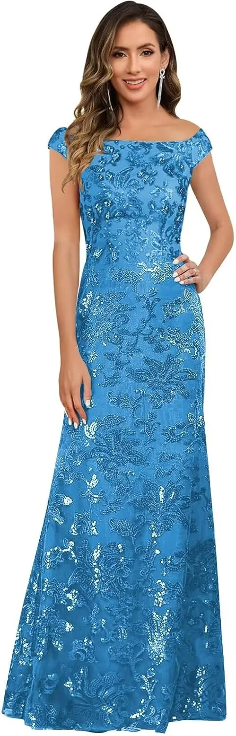 Sequin Mother of The Bride Dresses for Women Cap Sleeves Lace Long Evening Formal Gowns