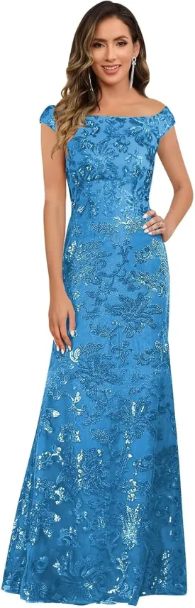 Sequin Mother of The Bride Dresses for Women Cap Sleeves Lace Long Evening Formal Gowns