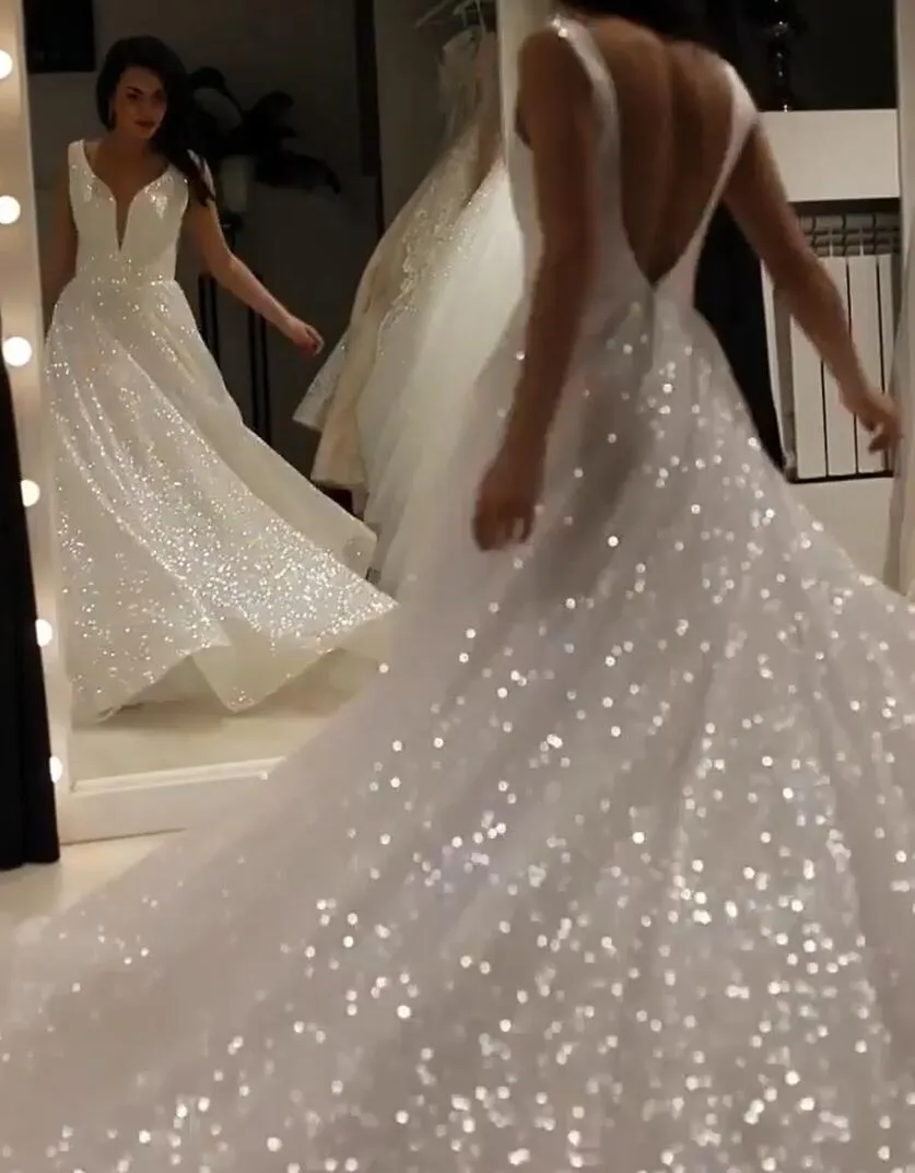 Sparkly A Line V Neck Wedding Dress Backless Prom Dress