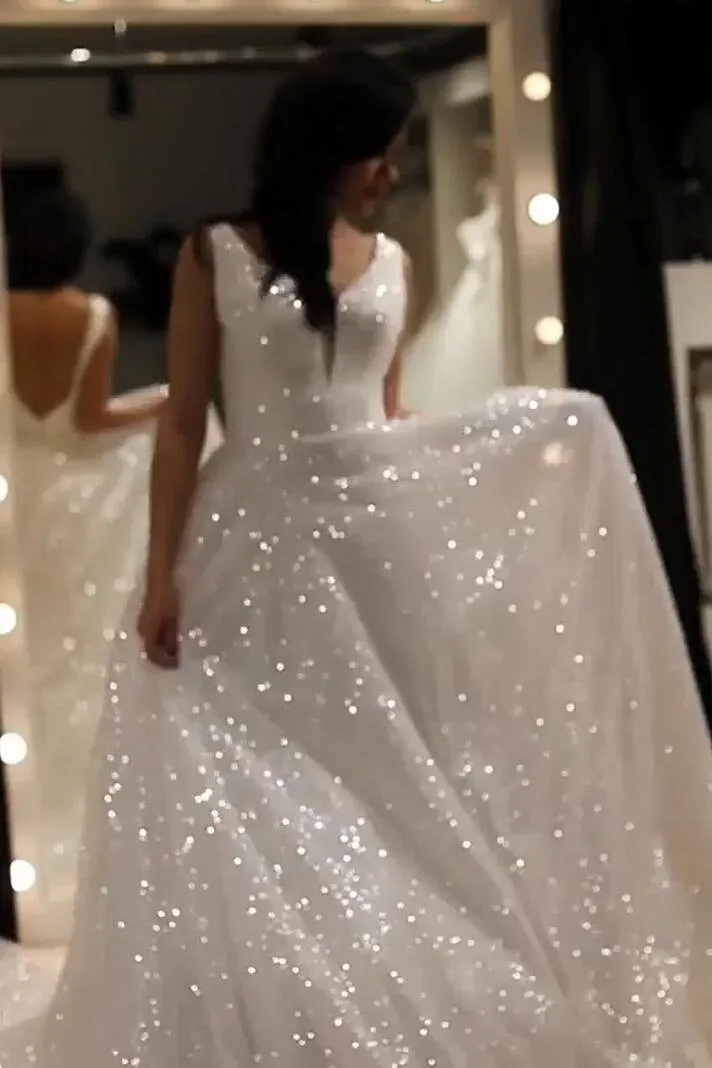 Sparkly A Line V Neck Wedding Dress Backless Prom Dress