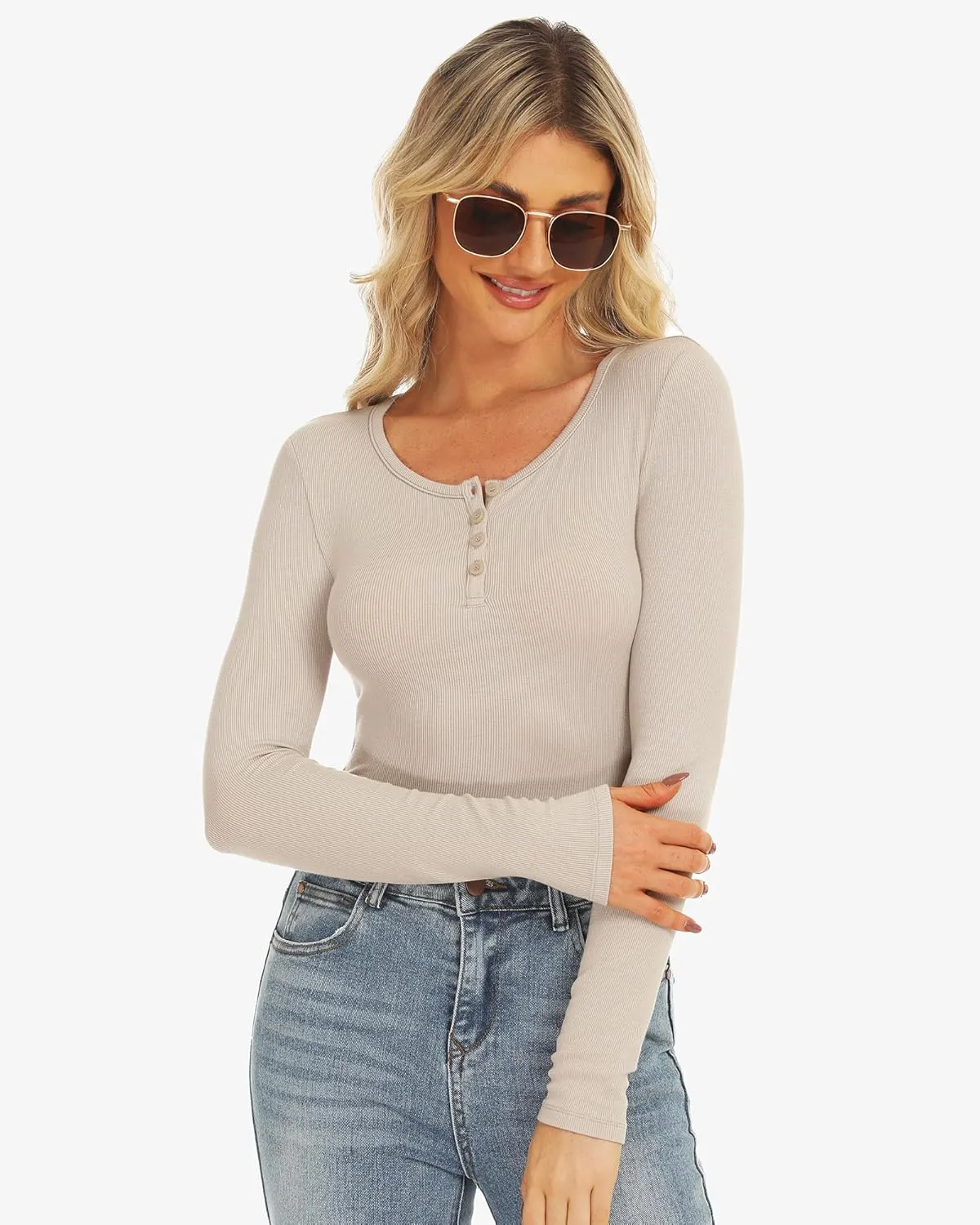 Stelle Henley Shirts for Women Long Sleeve Crop Top Ribbed Knit Button Slim Fitted Tops Casual Basic Blouse