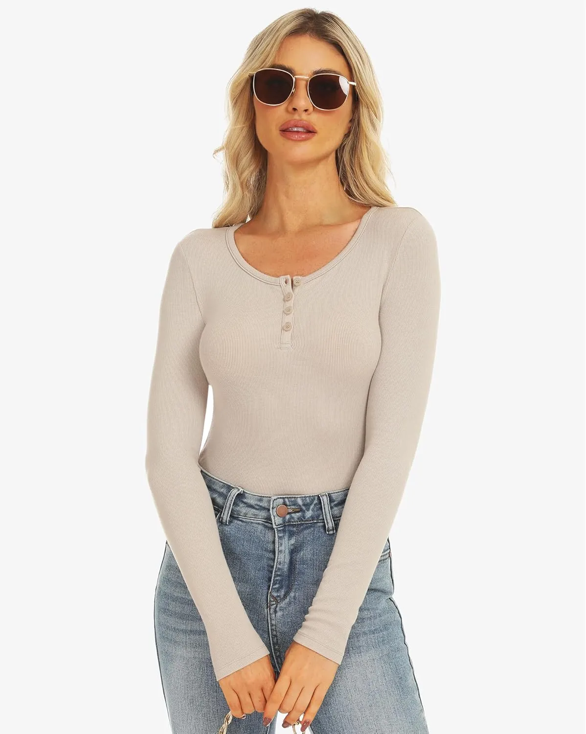Stelle Henley Shirts for Women Long Sleeve Crop Top Ribbed Knit Button Slim Fitted Tops Casual Basic Blouse