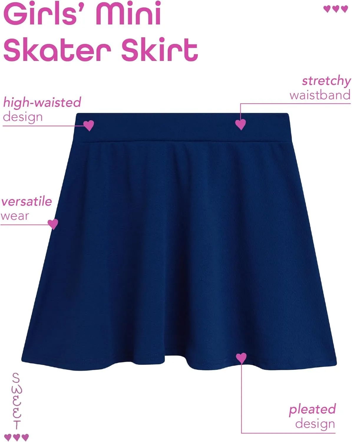 Sweet Hearts Girls Skater Skirt - High Waist Stretch Flare Pleated Mini Uniform Skirts for Girls: Made in USA (Sizes: 5-18)