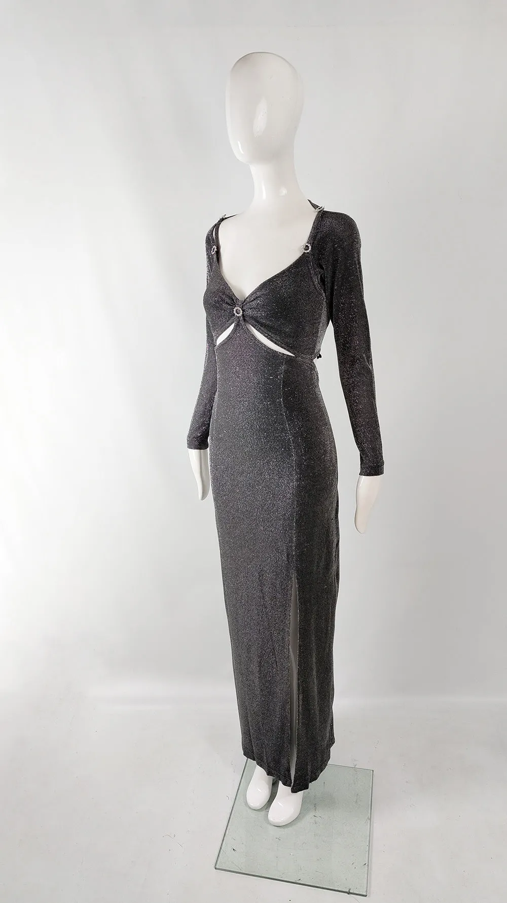Tadashi Shoji Vintage Silver Lurex Cut Out Evening Dress, 1990s