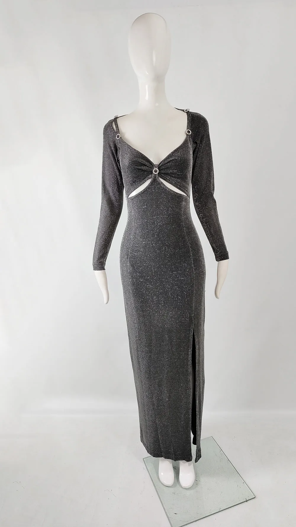 Tadashi Shoji Vintage Silver Lurex Cut Out Evening Dress, 1990s