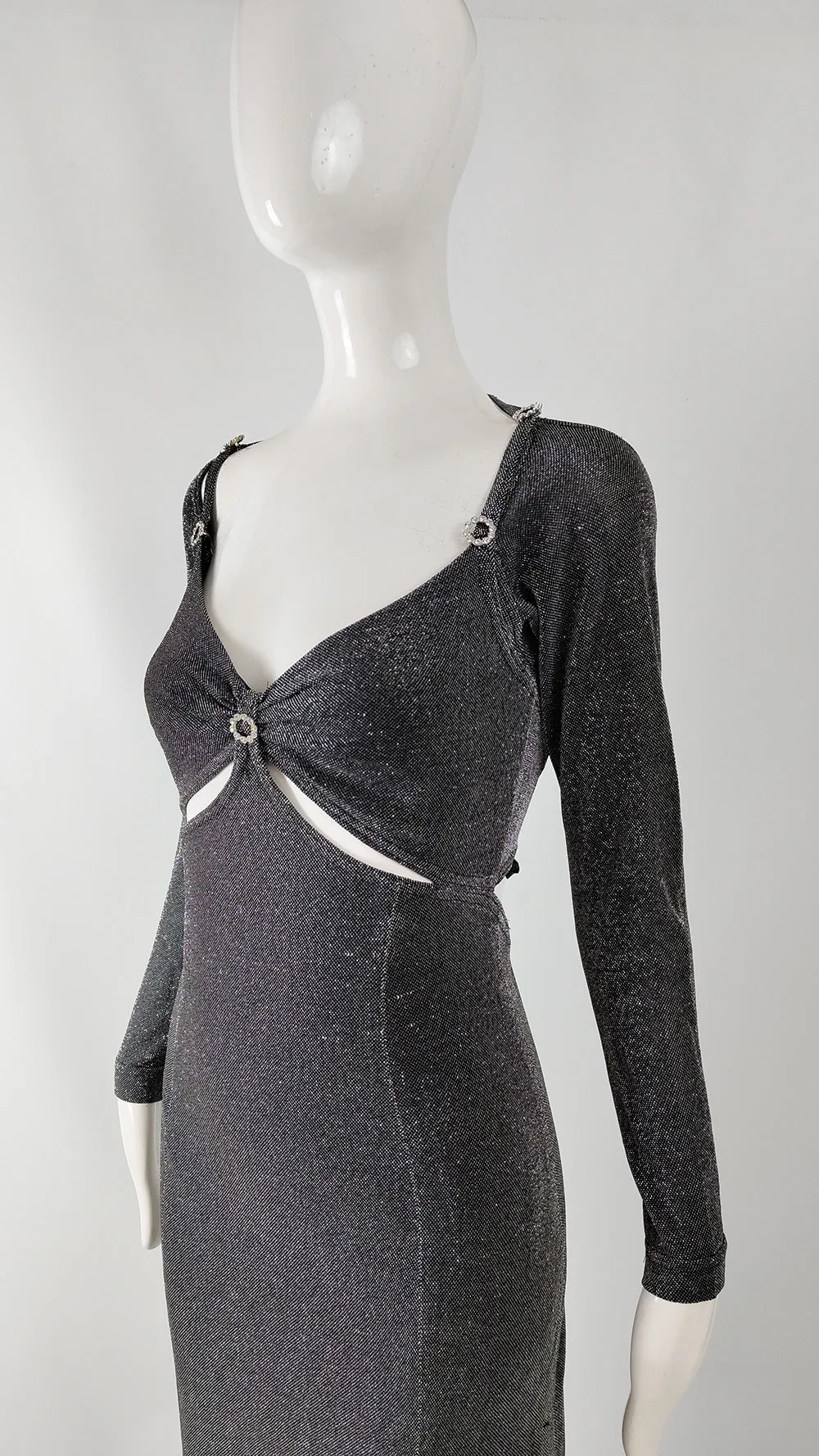 Tadashi Shoji Vintage Silver Lurex Cut Out Evening Dress, 1990s
