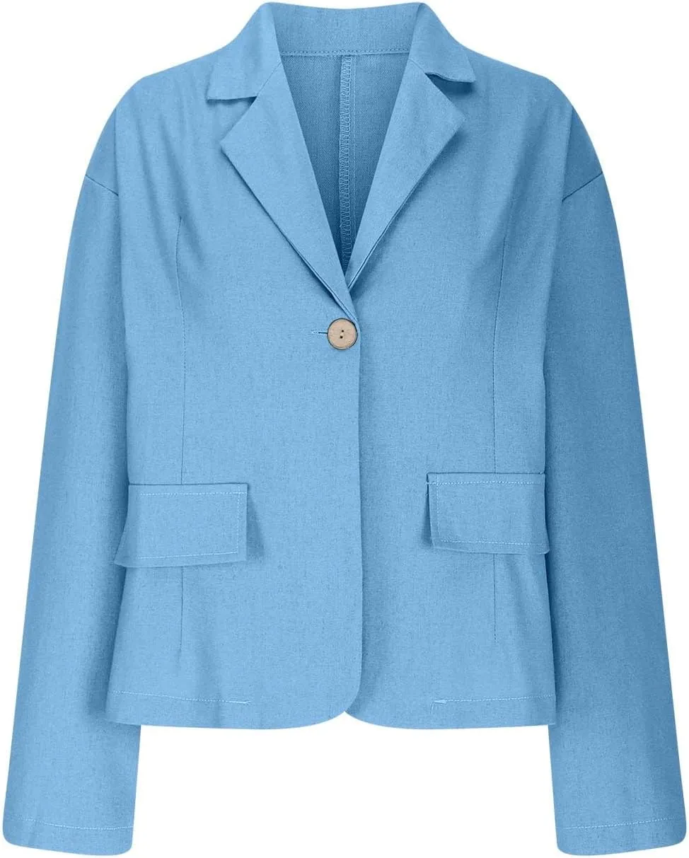 TANGNADE Linen Blazer Women Lightweight Casual Long Sleeve Spring Summer Jackets One Button Lapel Suit Blazer
