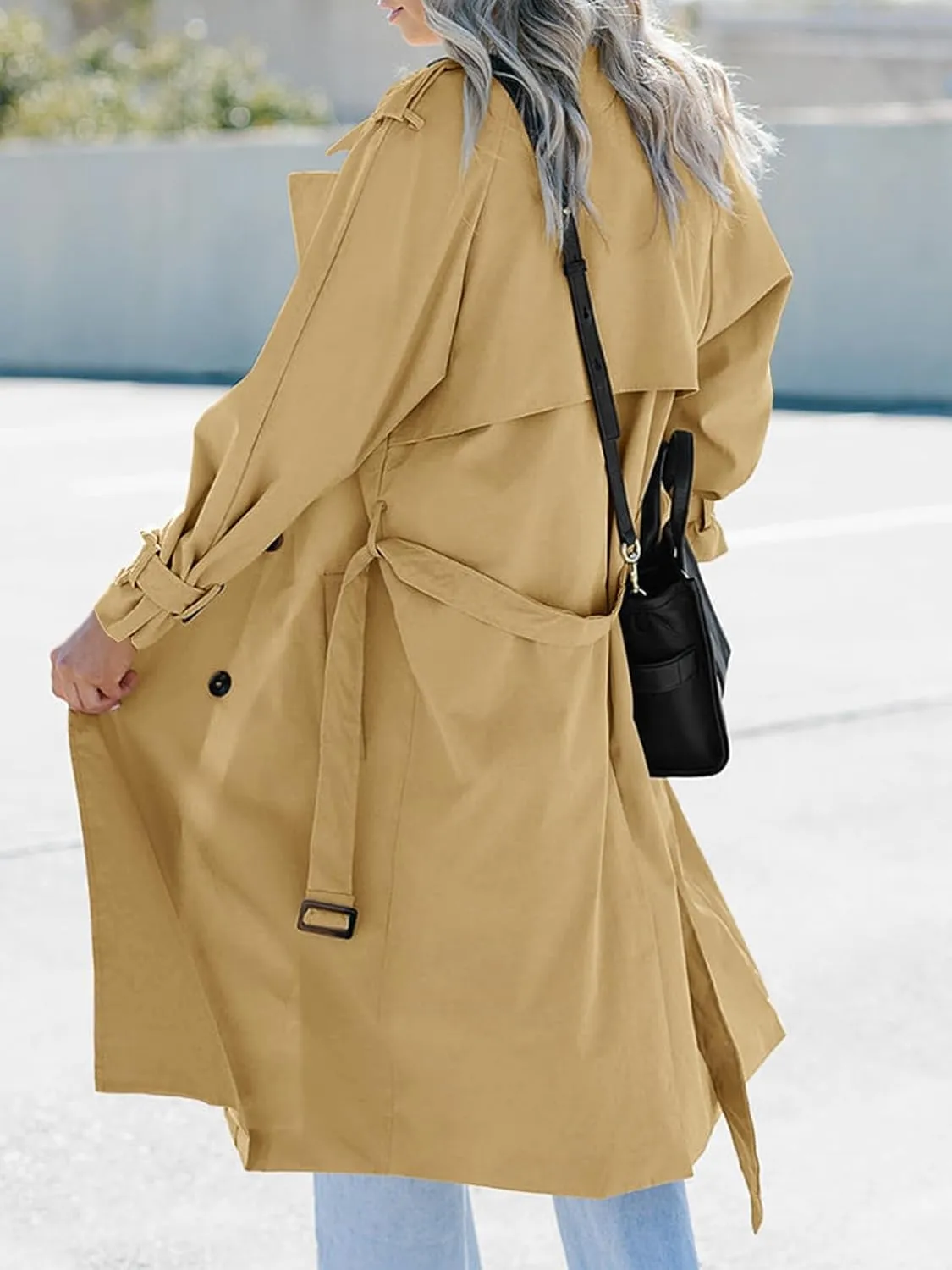 Tankaneo Women's Long Trench Coat Double Breasted Classic Lapel Oversized Windproof Overcoat Outerwear with Belt