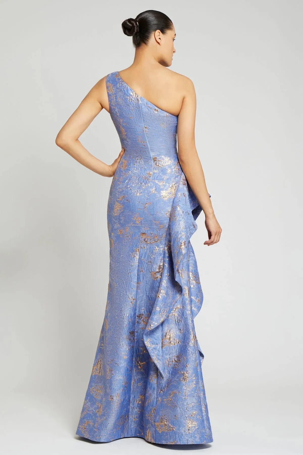Teri Jon - 209064 - Jacquard One Shoulder Side Ruffle Gown