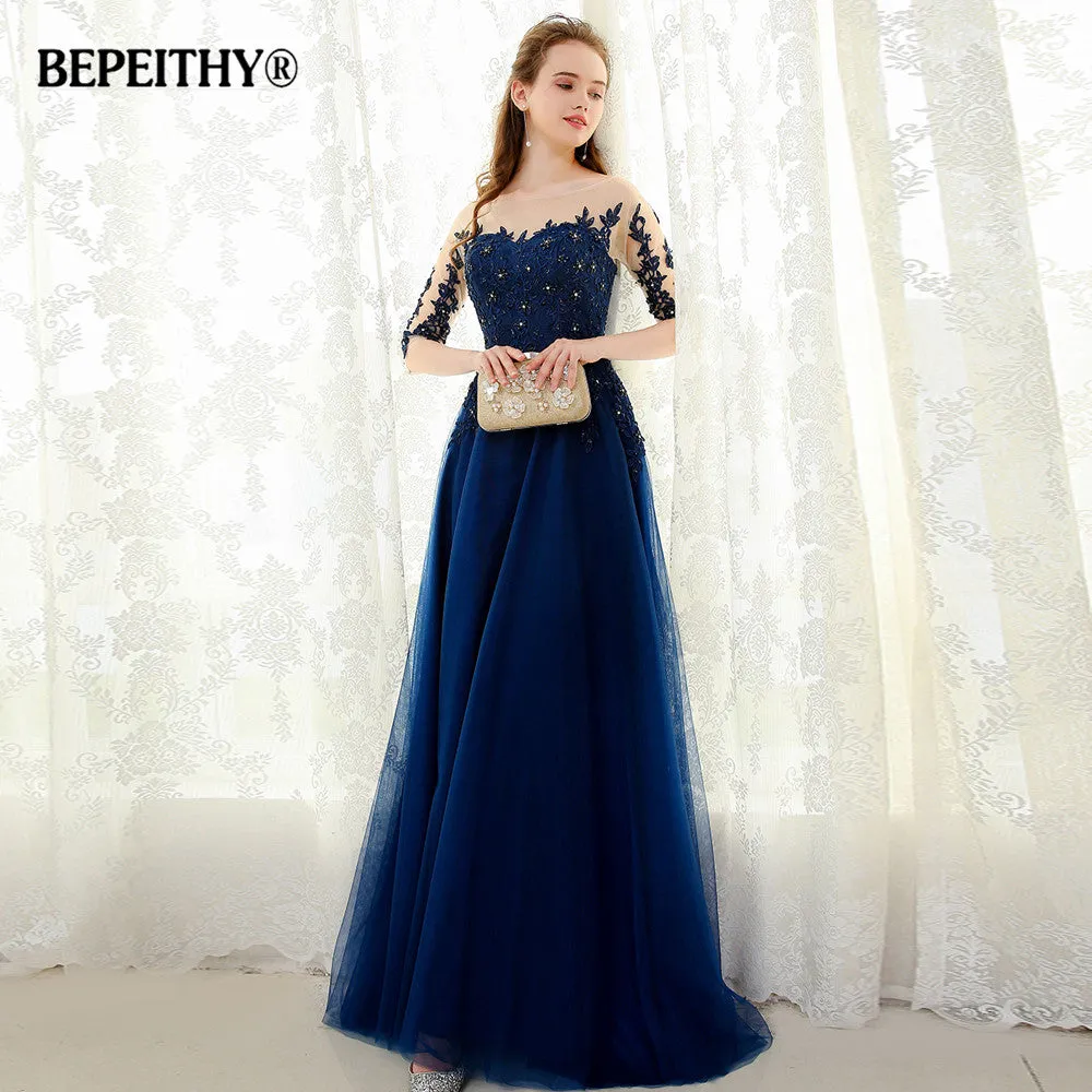 Three Quarter Sleeves Beaded Party Prom Gowns