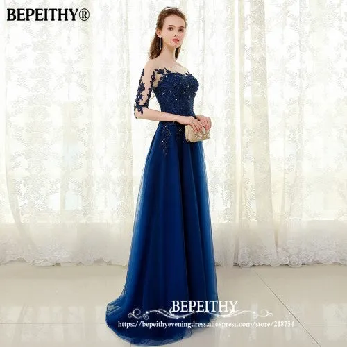 Three Quarter Sleeves Beaded Party Prom Gowns