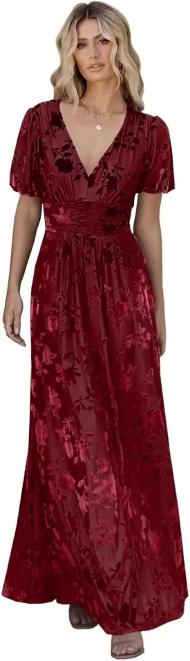 Velvet Dress for Women Burnout Floral Maxi Dress V Neck Puffy Sleeve Formal Evening Party Gowns