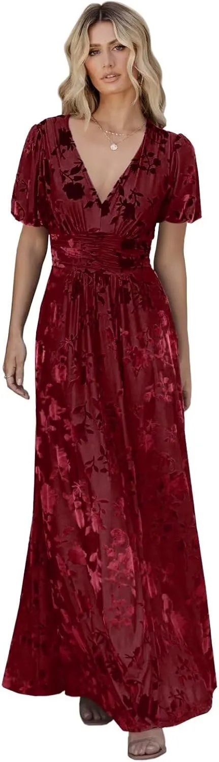Velvet Dress for Women Burnout Floral Maxi Dress V Neck Puffy Sleeve Formal Evening Party Gowns