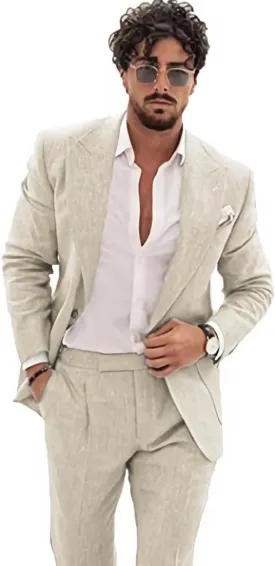 Wangyue Men's 2-Piece Linen Suit Casual Slim Fit Vintage Suits Groomsmen Tuxedos Wedding Summer Beach Blazer Pants Set