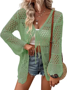 Women Crochet Cardigan Lightweight Tie Front Hollow Out Long Sleeves Summer Knit Cover Cardigans