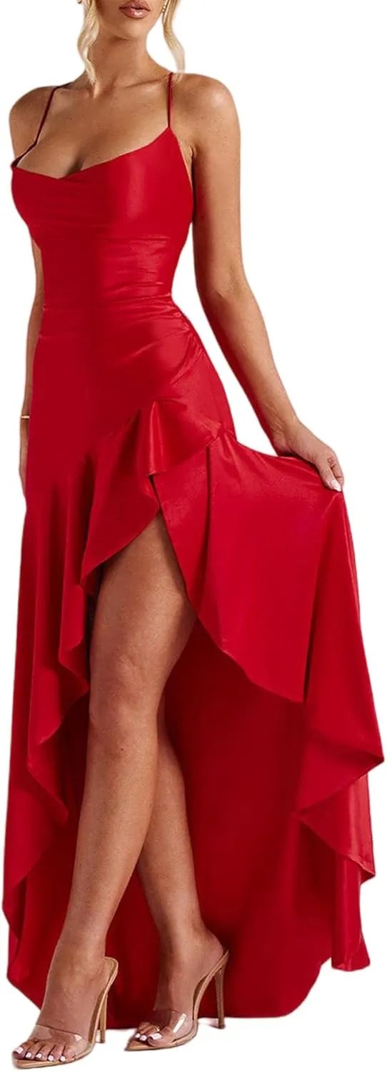 Women's Backless Formal Maxi Evening Gowns Cocktail Dress Thigh High Slit Ruffle Hem Maxi Dress Bodycon Party Dress