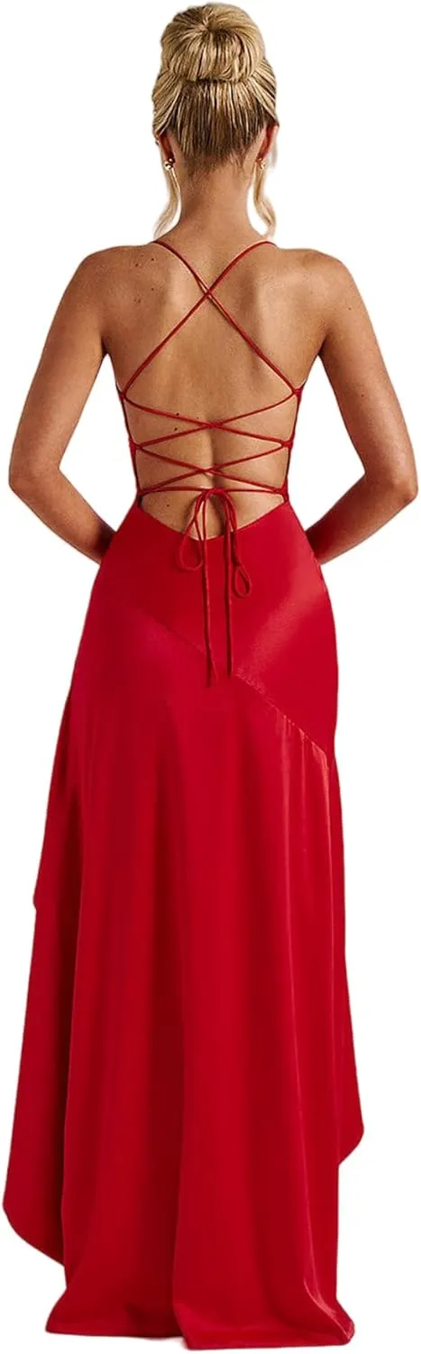 Women's Backless Formal Maxi Evening Gowns Cocktail Dress Thigh High Slit Ruffle Hem Maxi Dress Bodycon Party Dress