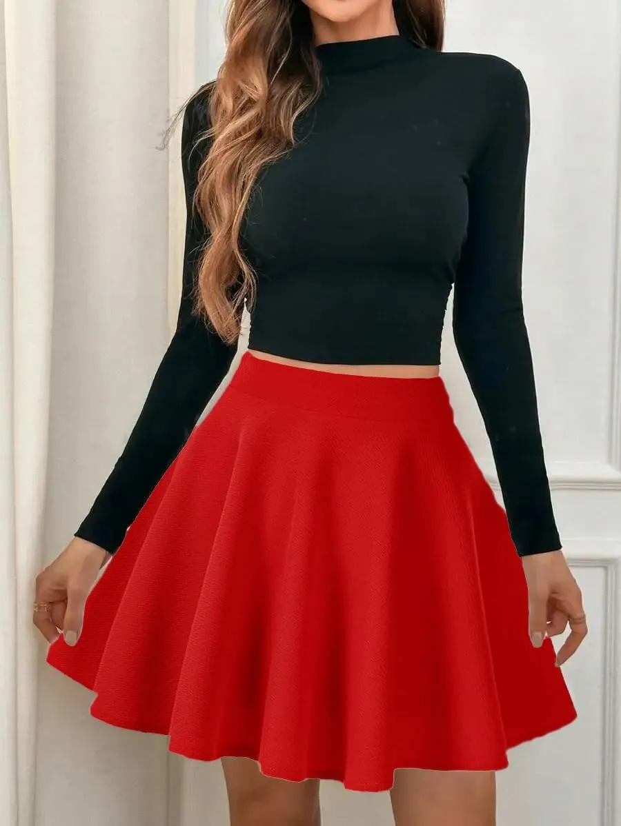 Women's Basic Stretchy Flared Mini Skater Skirt Versatile A-Line Casual Skirt with Fishnet Stockings S-XXL