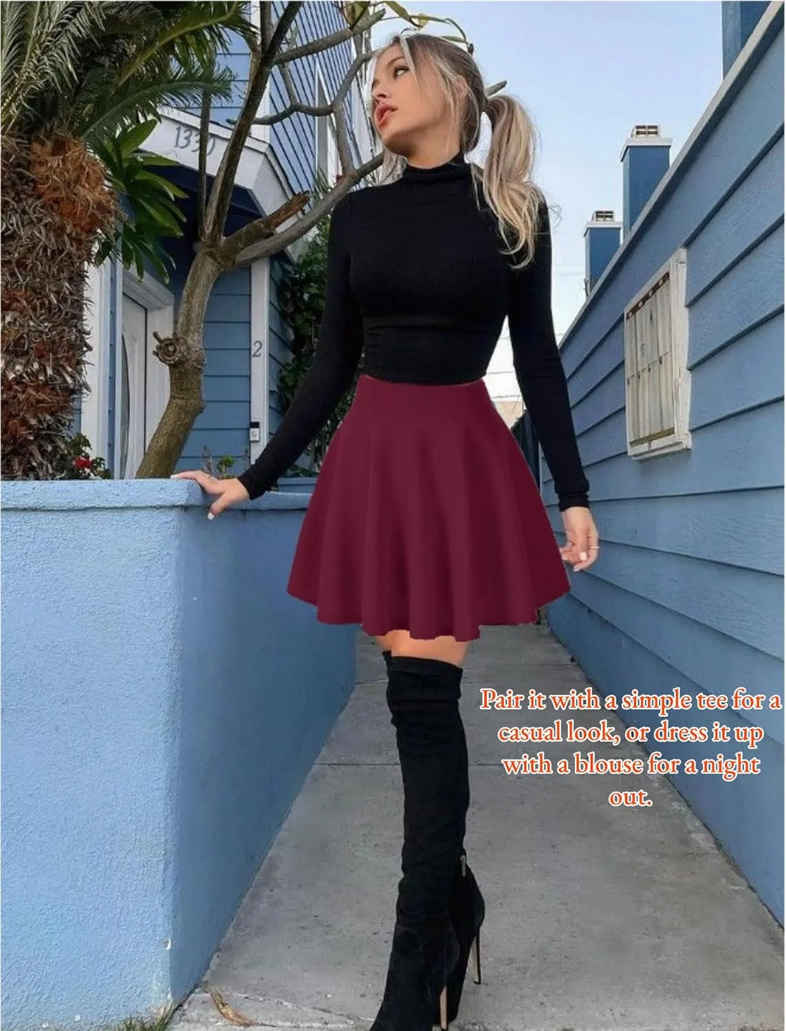 Women's Basic Stretchy Flared Mini Skater Skirt Versatile A-Line Casual Skirt with Fishnet Stockings S-XXL