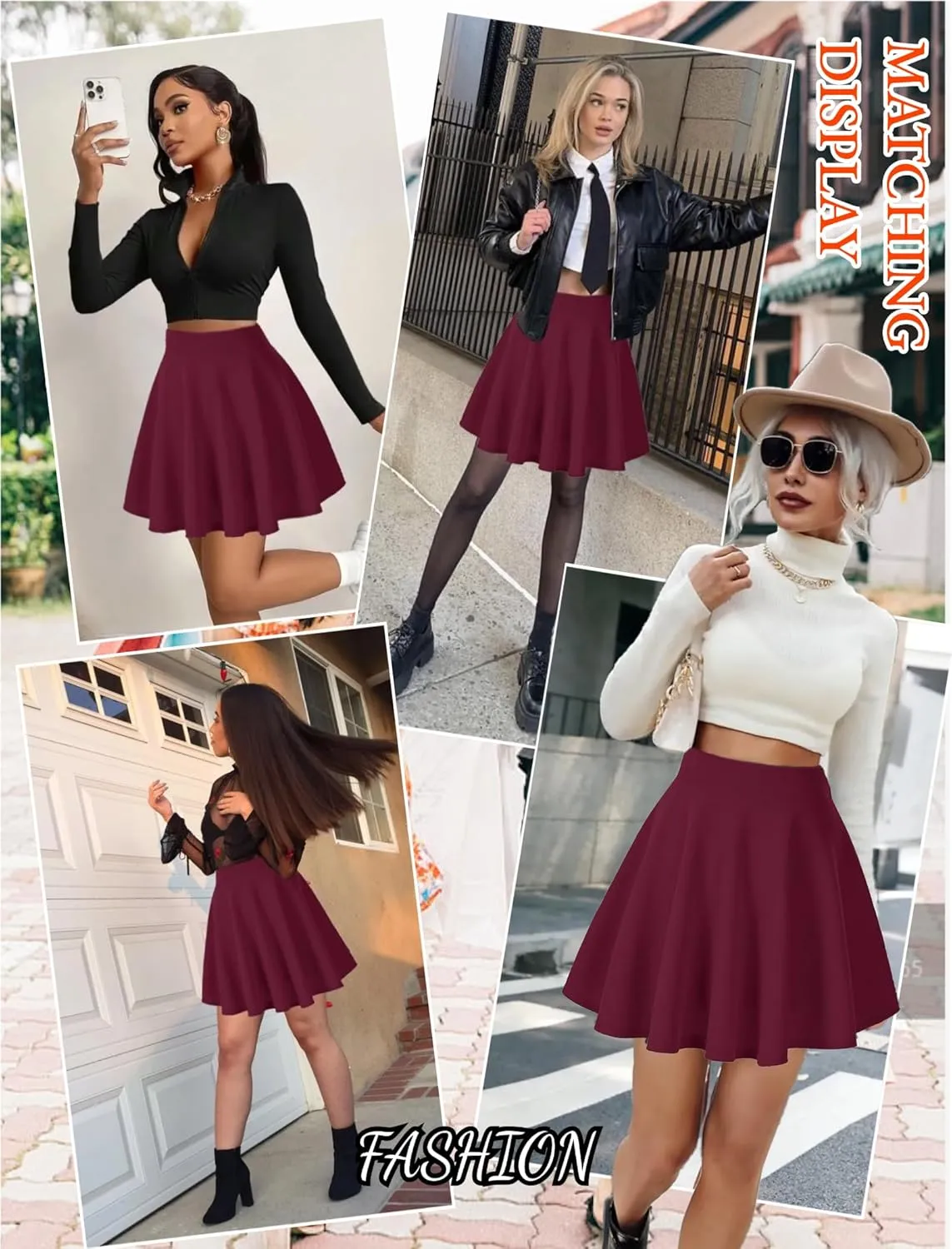 Women's Basic Stretchy Flared Mini Skater Skirt Versatile A-Line Casual Skirt with Fishnet Stockings S-XXL
