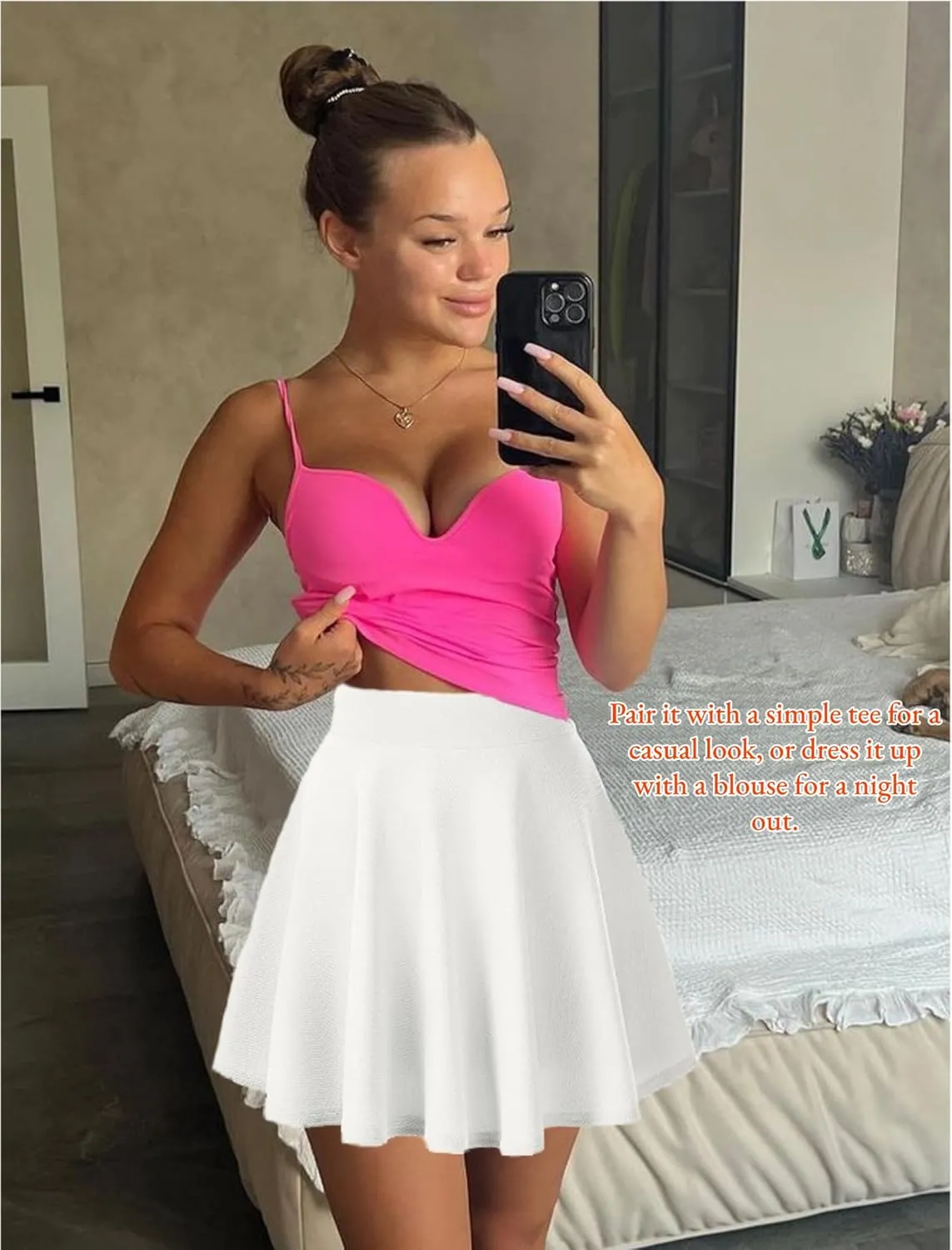 Women's Basic Stretchy Flared Mini Skater Skirt Versatile A-Line Casual Skirt with Fishnet Stockings S-XXL