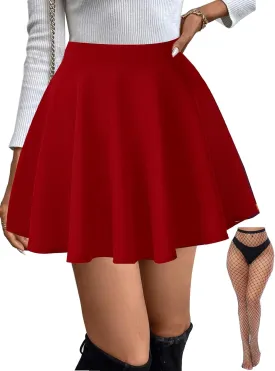 Women's Basic Stretchy Flared Mini Skater Skirt Versatile A-Line Casual Skirt with Fishnet Stockings S-XXL