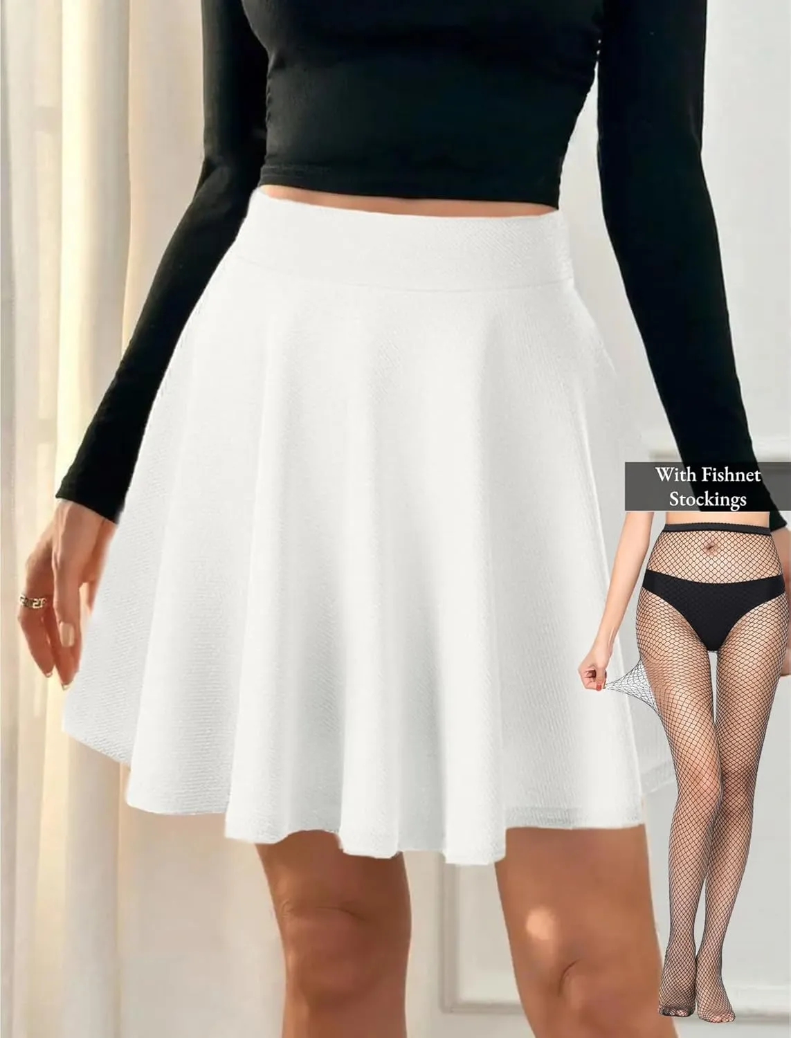 Women's Basic Stretchy Flared Mini Skater Skirt Versatile A-Line Casual Skirt with Fishnet Stockings S-XXL