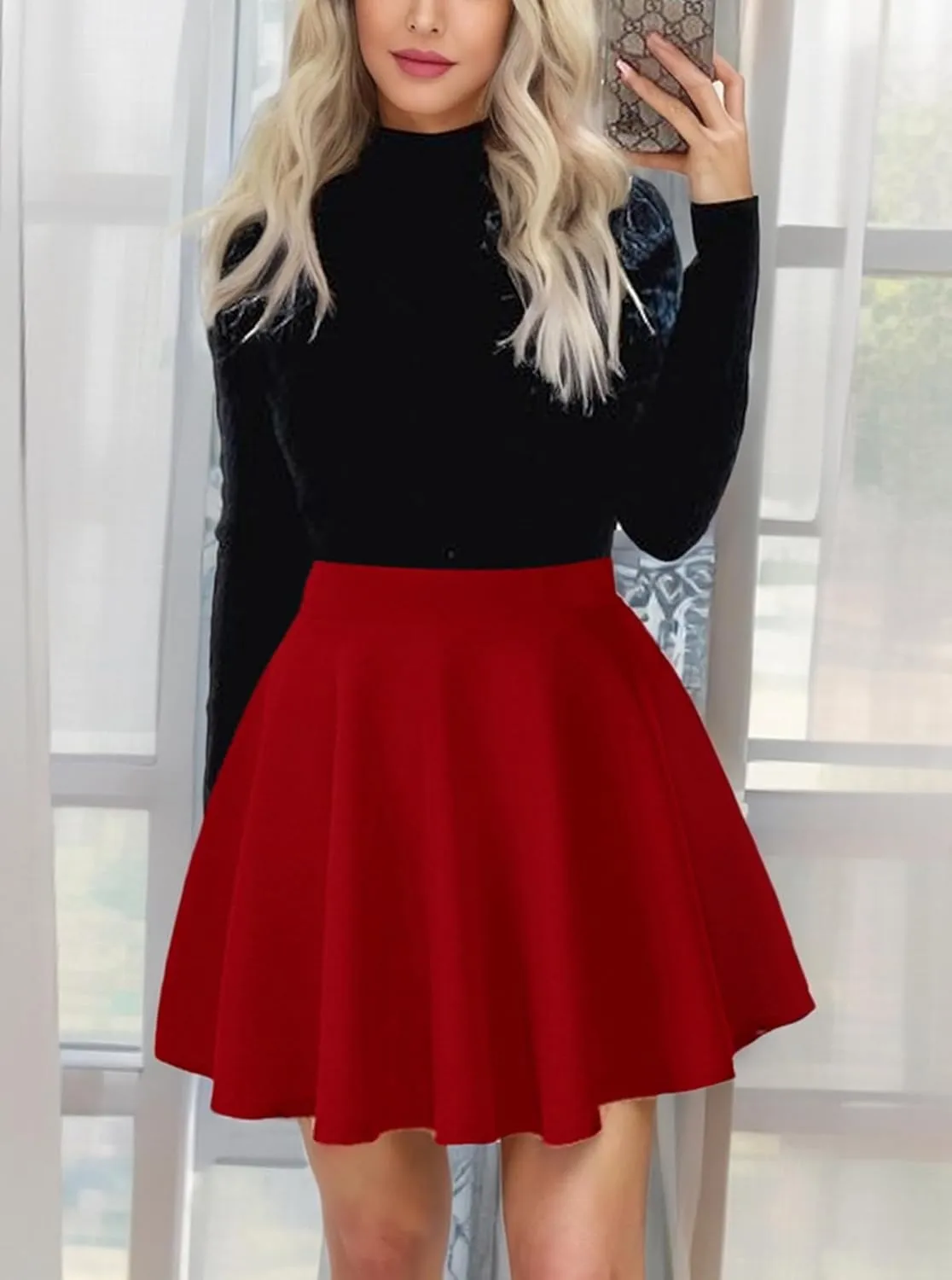 Women's Basic Stretchy Flared Mini Skater Skirt Versatile A-Line Casual Skirt with Fishnet Stockings S-XXL
