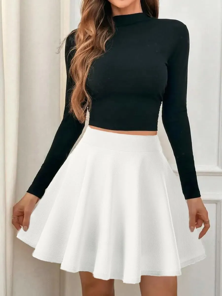 Women's Basic Stretchy Flared Mini Skater Skirt Versatile A-Line Casual Skirt with Fishnet Stockings S-XXL