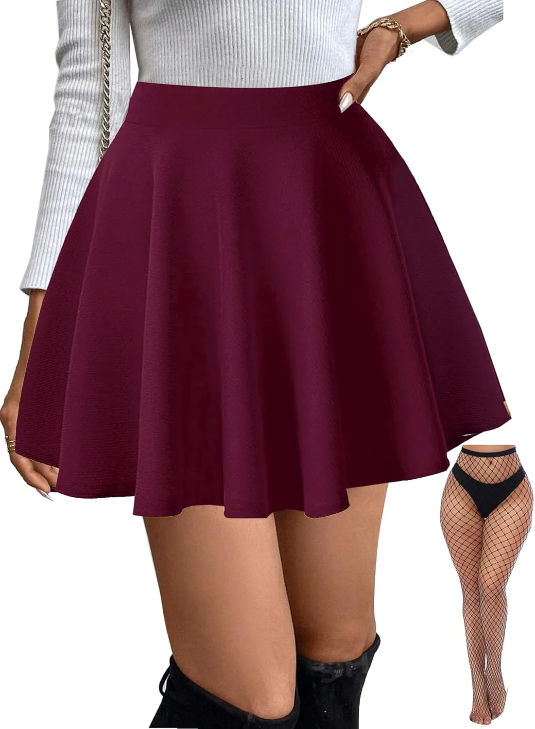 Women's Basic Stretchy Flared Mini Skater Skirt Versatile A-Line Casual Skirt with Fishnet Stockings S-XXL