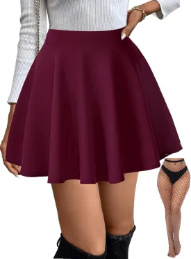 Women's Basic Stretchy Flared Mini Skater Skirt Versatile A-Line Casual Skirt with Fishnet Stockings S-XXL