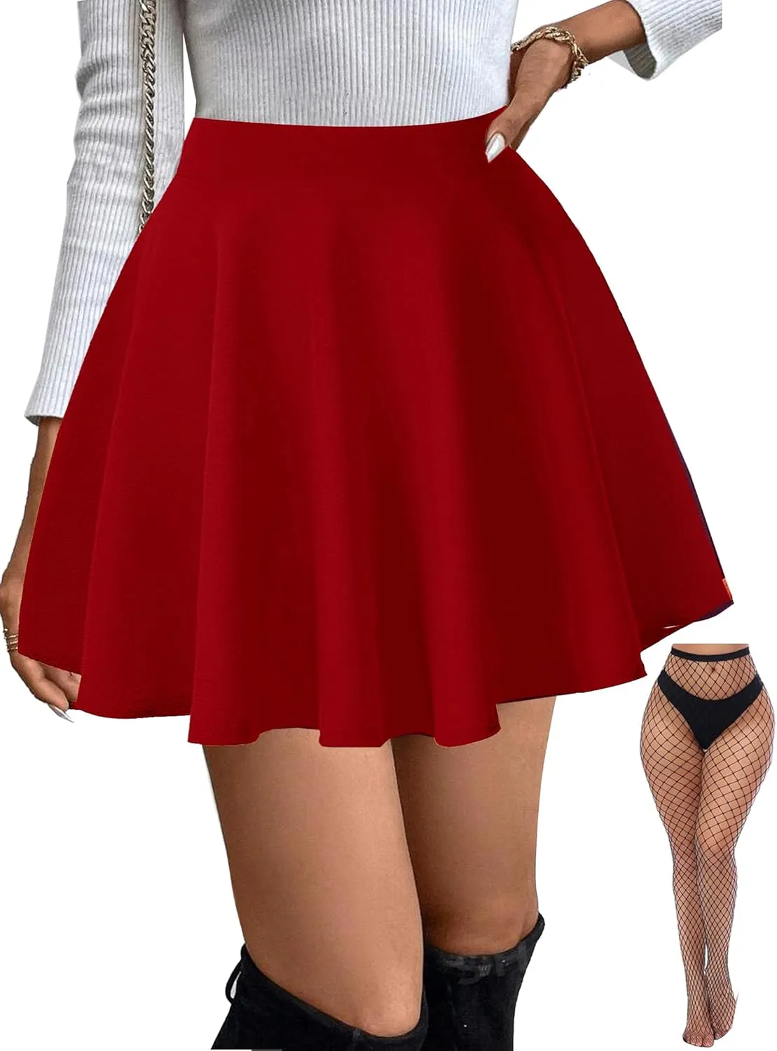 Women's Basic Stretchy Flared Mini Skater Skirt Versatile A-Line Casual Skirt with Fishnet Stockings S-XXL