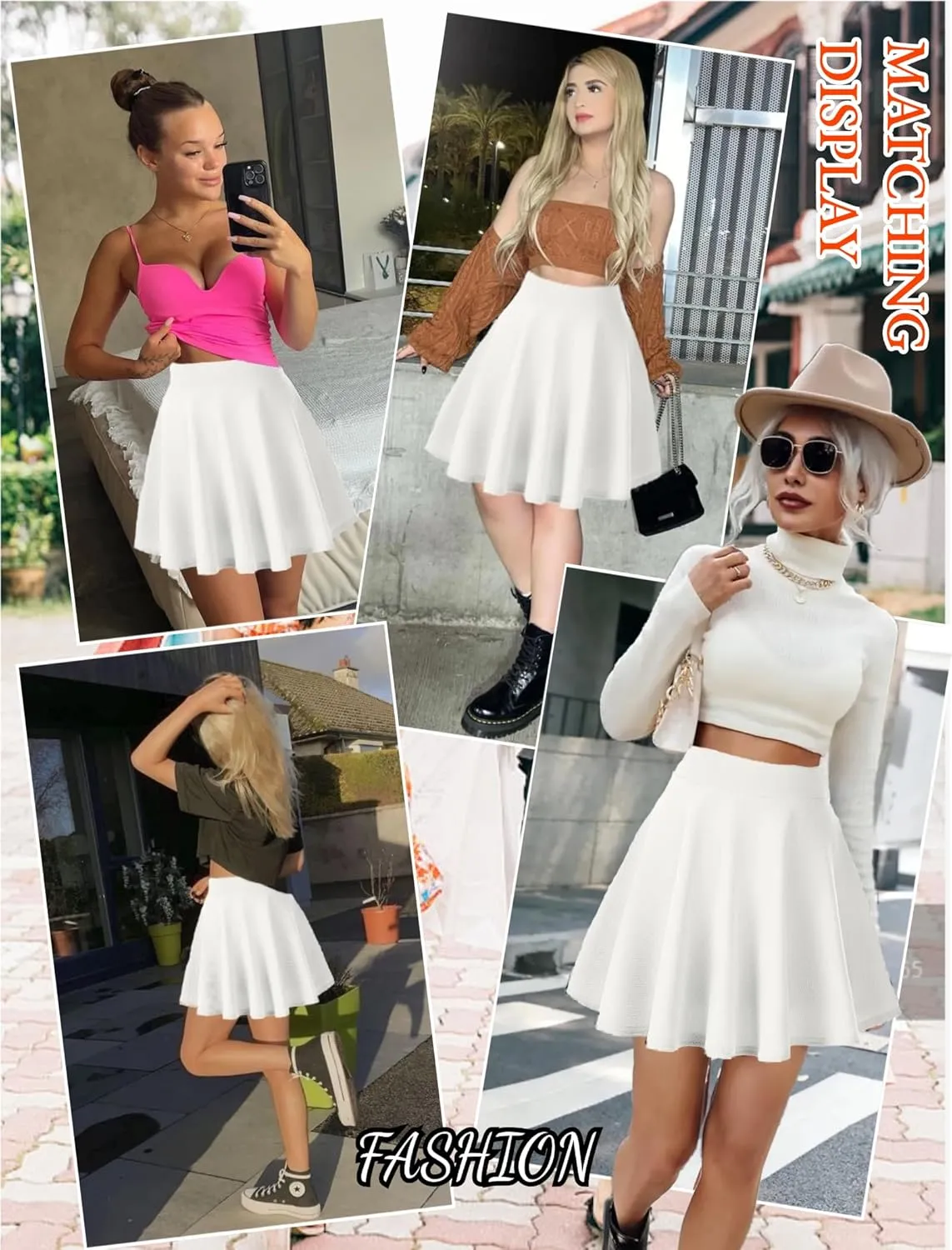 Women's Basic Stretchy Flared Mini Skater Skirt Versatile A-Line Casual Skirt with Fishnet Stockings S-XXL
