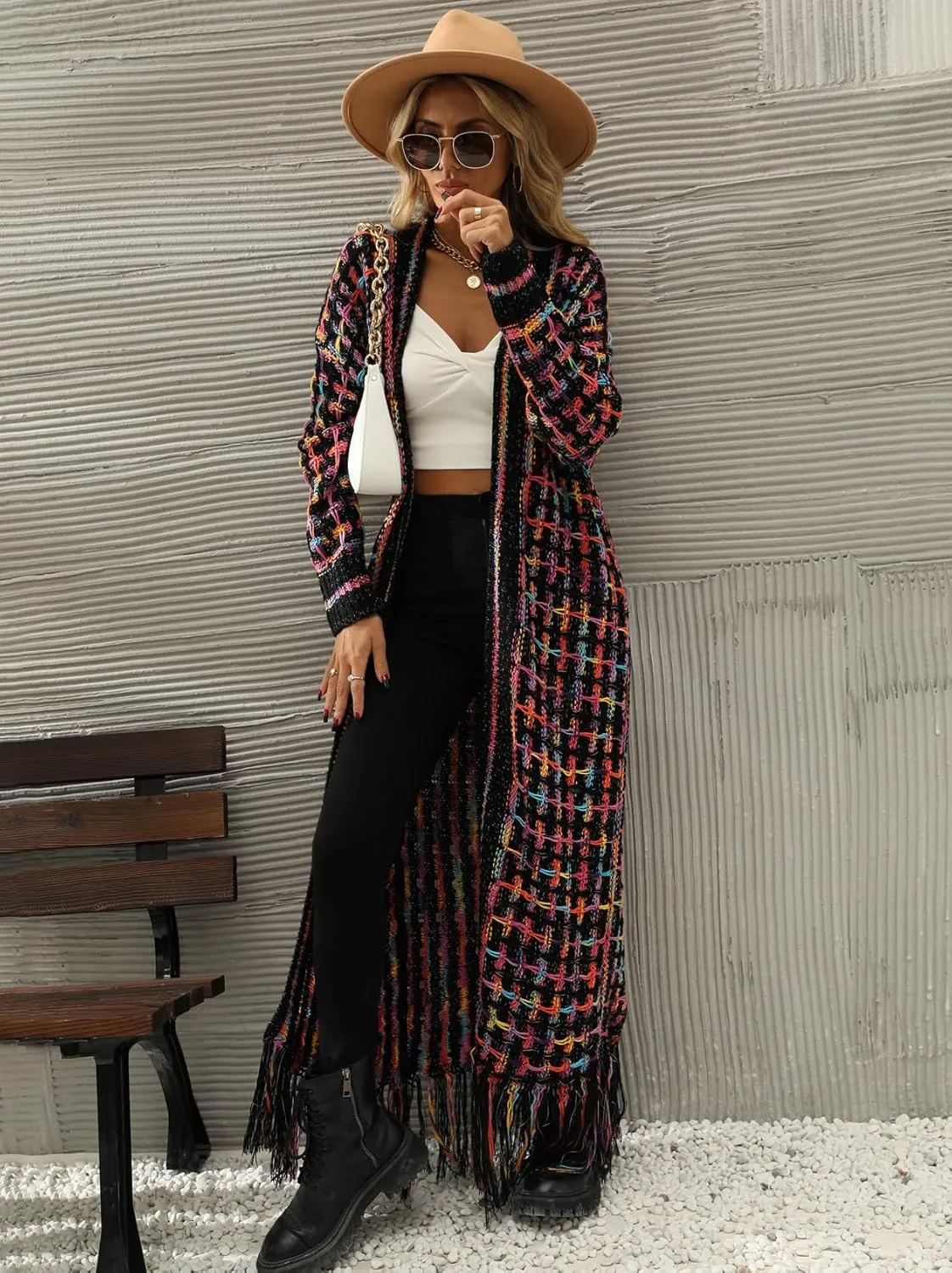 Womens Cardigan Maxi Long Boho Sweater Aztec Open Front Fringed Tassels Jacket Outwear
