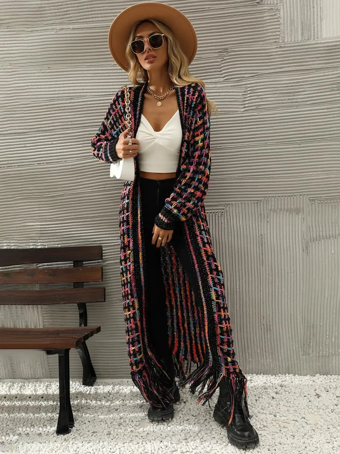 Womens Cardigan Maxi Long Boho Sweater Aztec Open Front Fringed Tassels Jacket Outwear