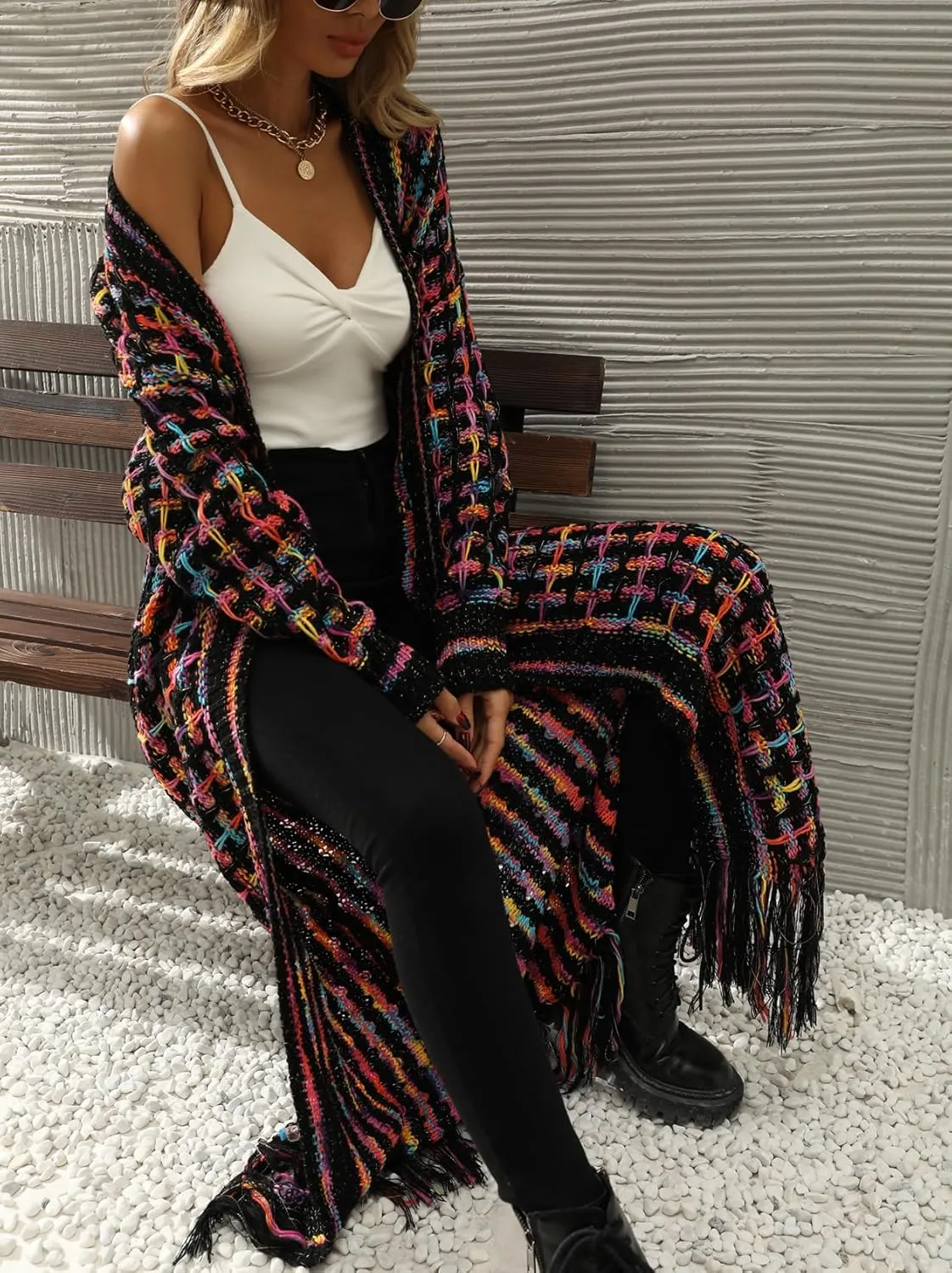 Womens Cardigan Maxi Long Boho Sweater Aztec Open Front Fringed Tassels Jacket Outwear