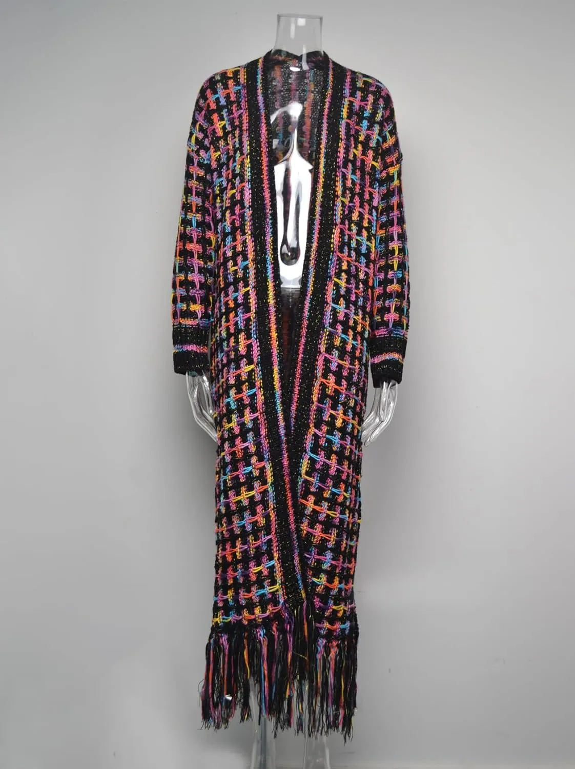 Womens Cardigan Maxi Long Boho Sweater Aztec Open Front Fringed Tassels Jacket Outwear